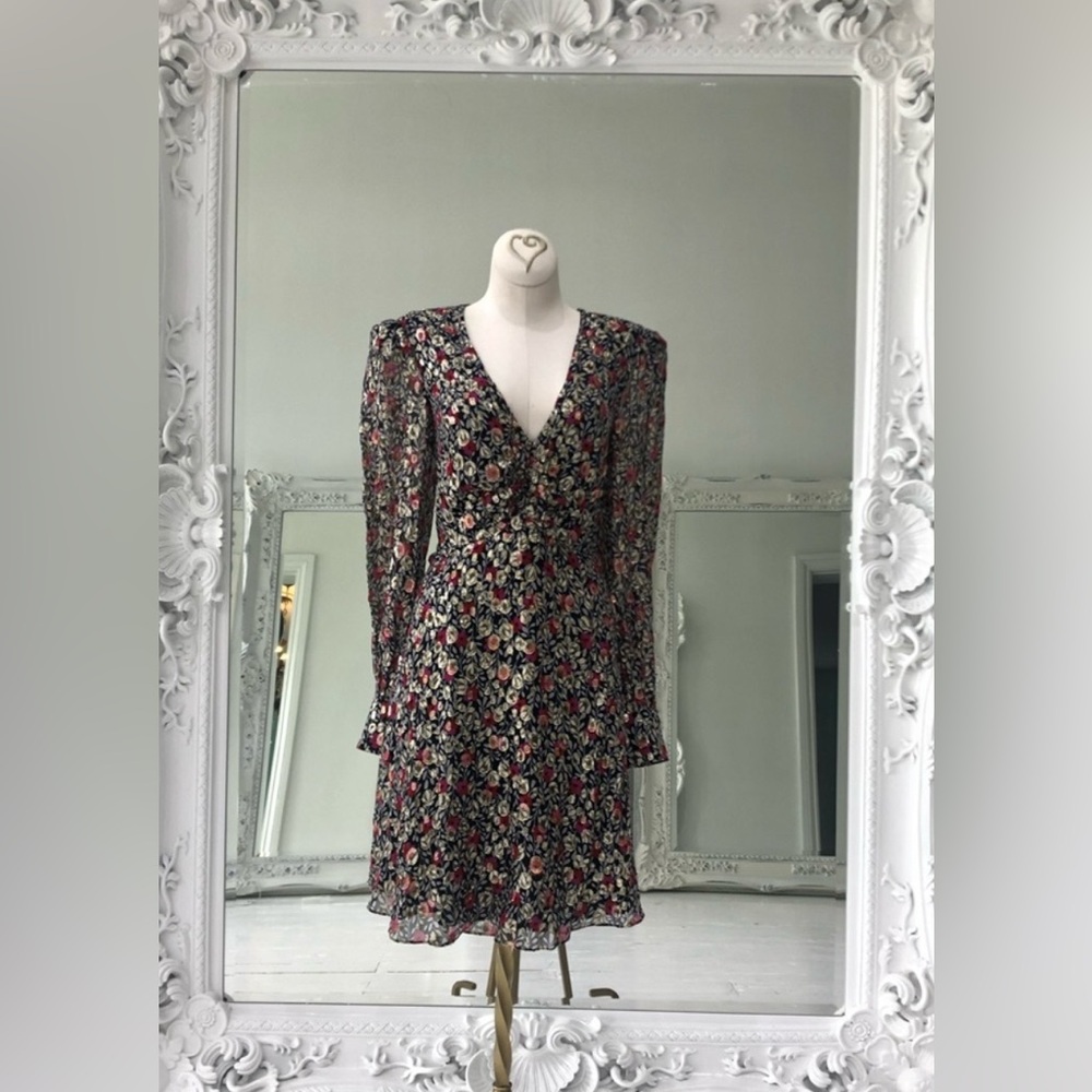 Kate Spade Floral Long Sleeve Dress in Black, Red, and Metallic Silver Sz 6 - Picture 3 of 10